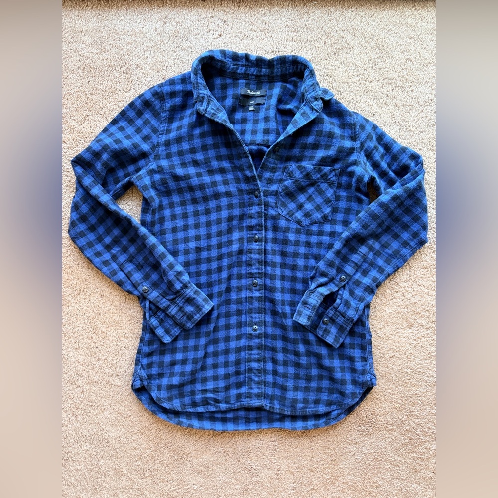 Madewell 100% Cotton Flannel Slim Fit Blue Buffalo Check Button Down Shirt XXS